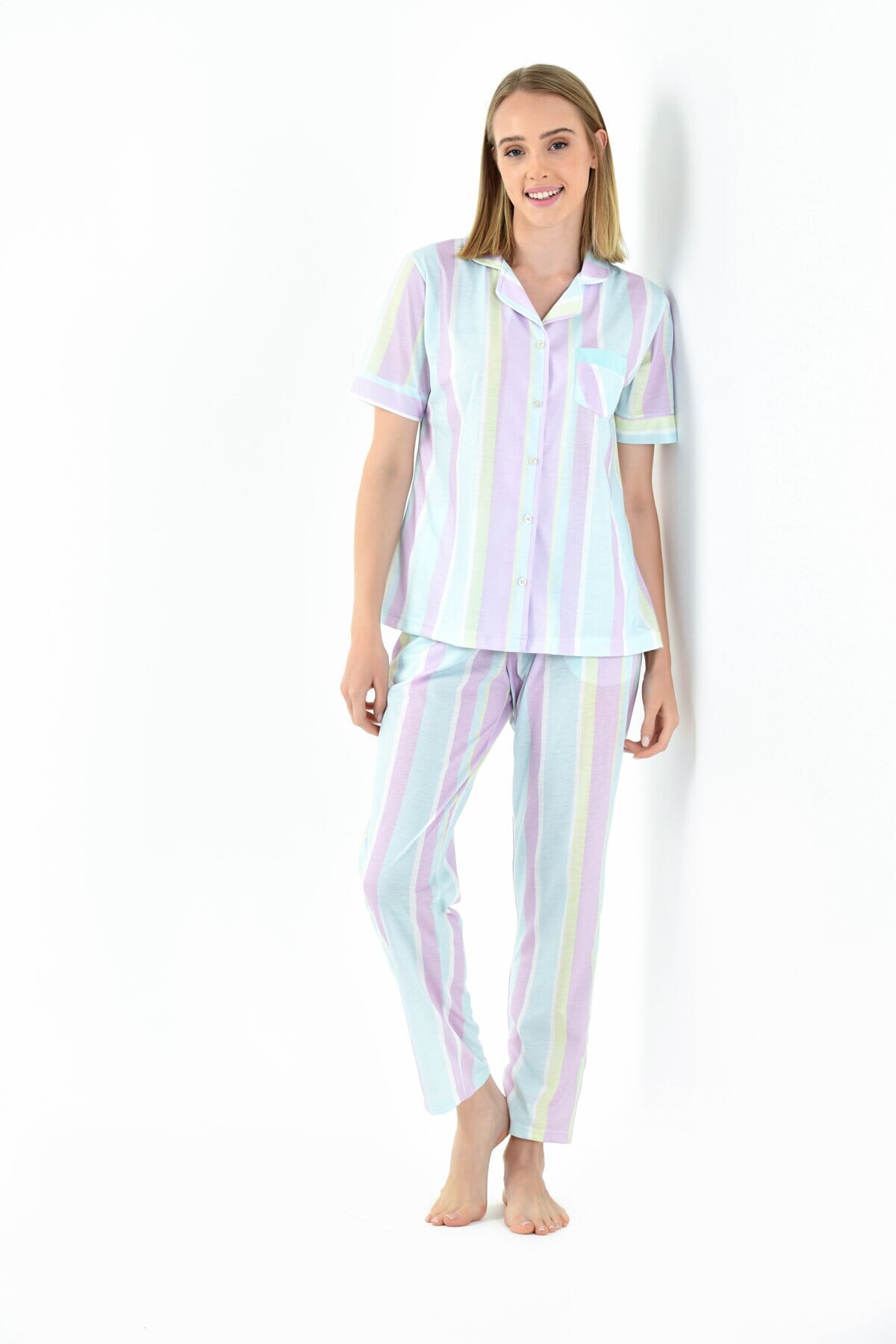 Yeni İnci - ÇİZGİLİ GÖMLEK YAKA KADIN PİJAMA TAKIMI