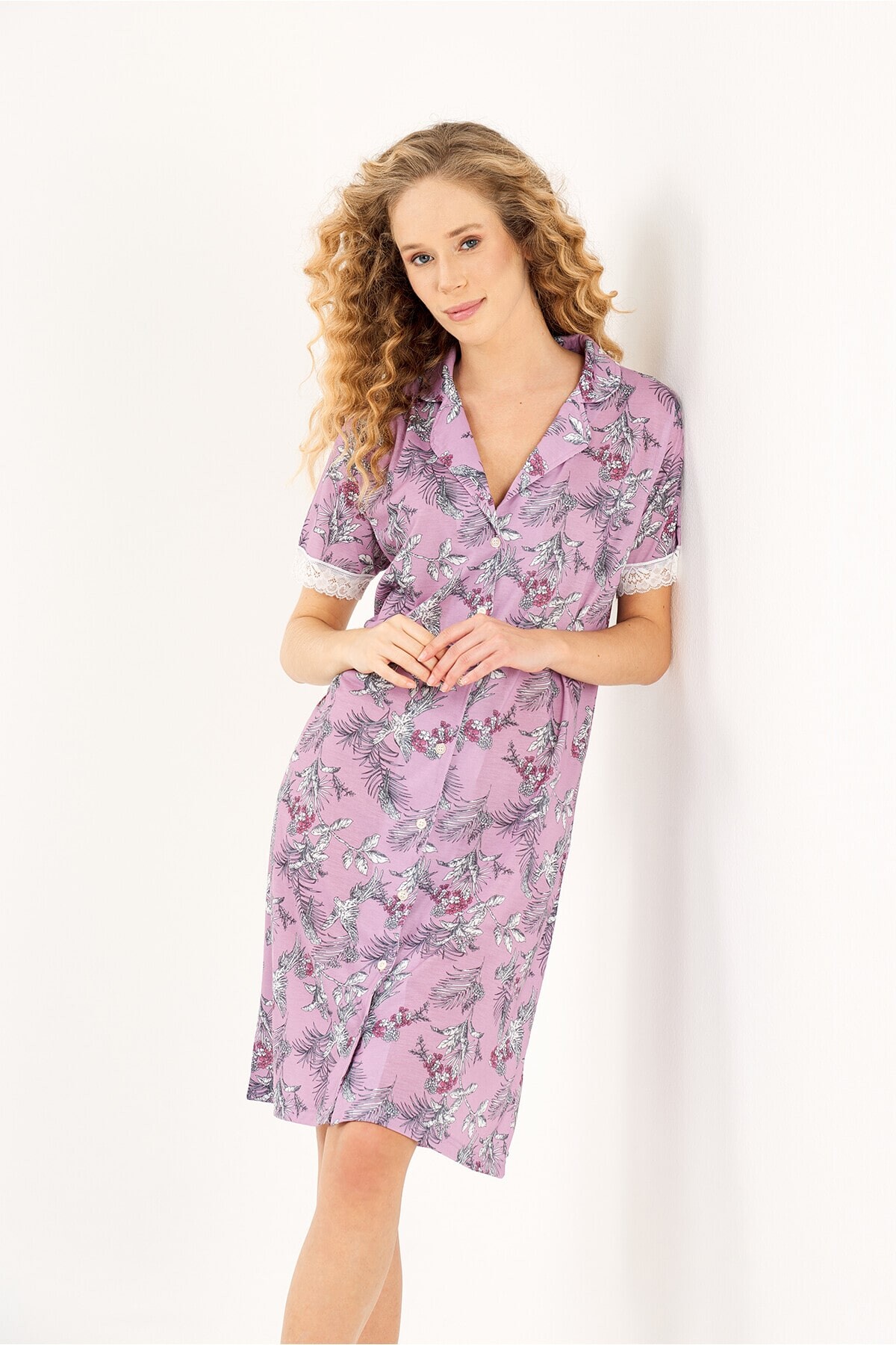 Yeni İnci - GÖMLEK YAKA DANTEL DETAY PAMUK KADIN GECELİK (1)