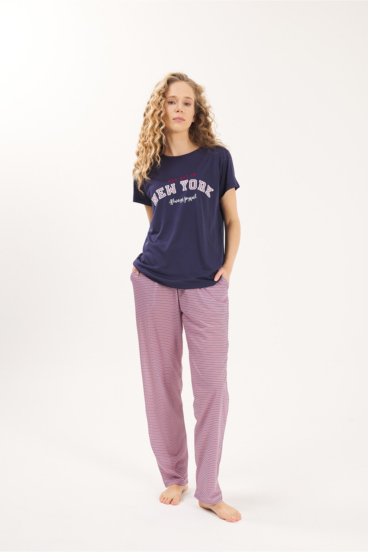 LACİVERT VİSKON 2'Lİ KADIN PİJAMA TAKIMI - Thumbnail