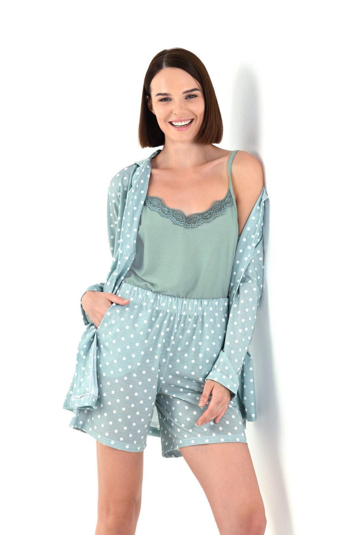 PUANTİYELİ ŞORTLU KADIN PİJAMA TAKIMI - Thumbnail